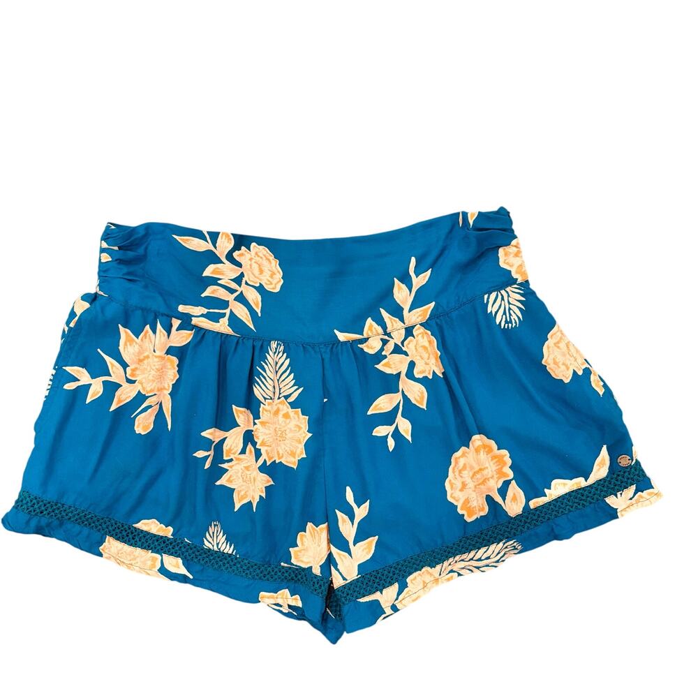 Roxy Blue Flowy Floral High-Waisted Shorts with Crochet Lace Hem Boho, Large
